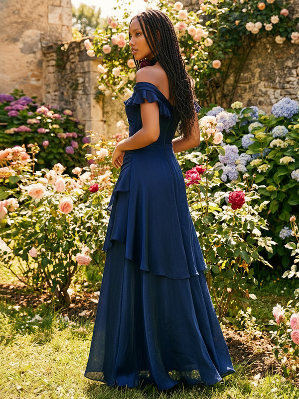 Stretch Mesh A Line Off the Shoulder Ruffles Layered Formal Dresses