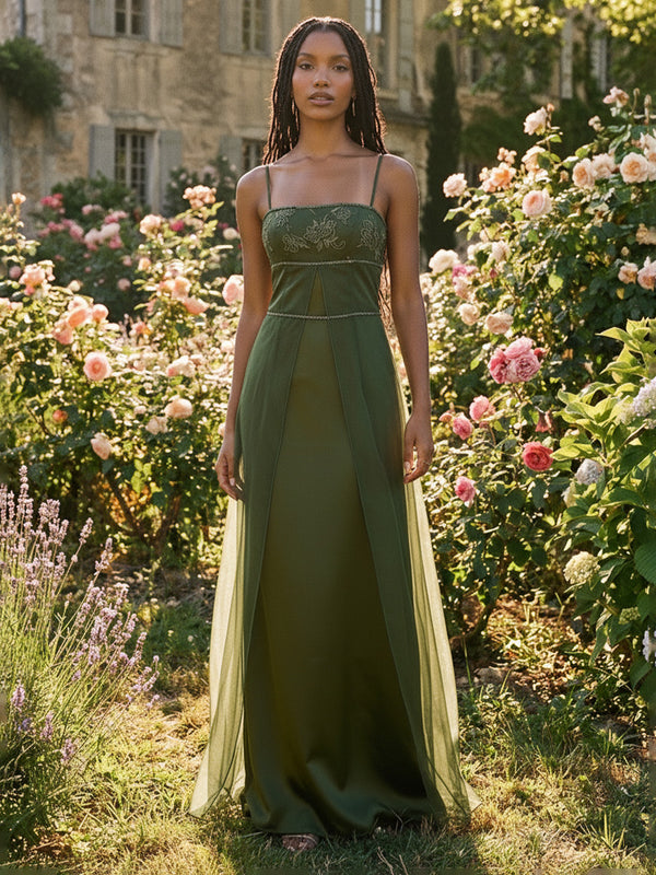 Satin A Line Square Neck Spaghetti Straps Corset Formal Dresses