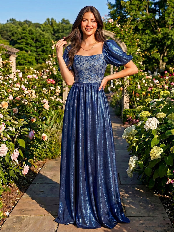 Metallic Satin A Line Square Neck Pleats Formal Dresses