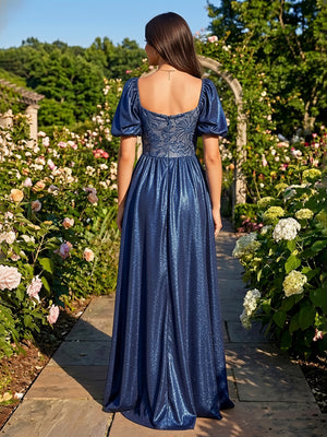 Metallic Satin A Line Square Neck Pleats Formal Dresses
