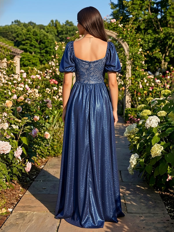 Metallic Satin A Line Square Neck Pleats Formal Dresses