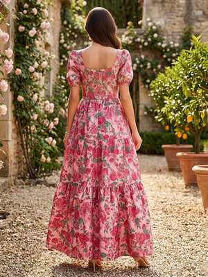 Floral A Line Square Neck Pleats Formal Dresses
