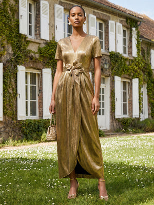 Metallic Satin A Line V Neck Corset Formal Dresses