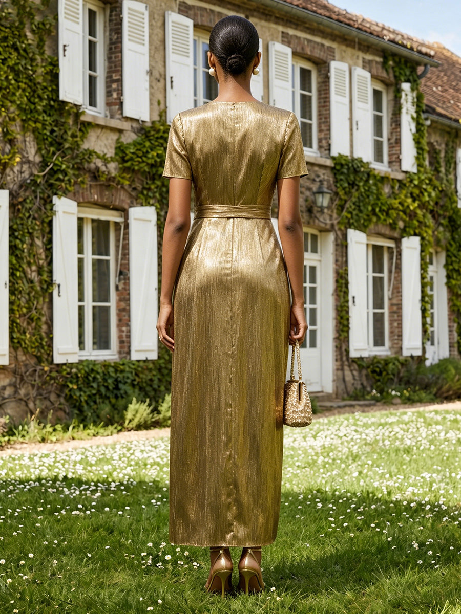 Metallic Satin A Line V Neck Corset Formal Dresses