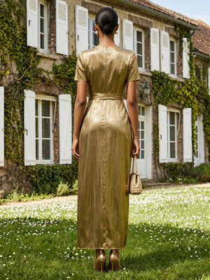 Metallic Satin A Line V Neck Corset Formal Dresses