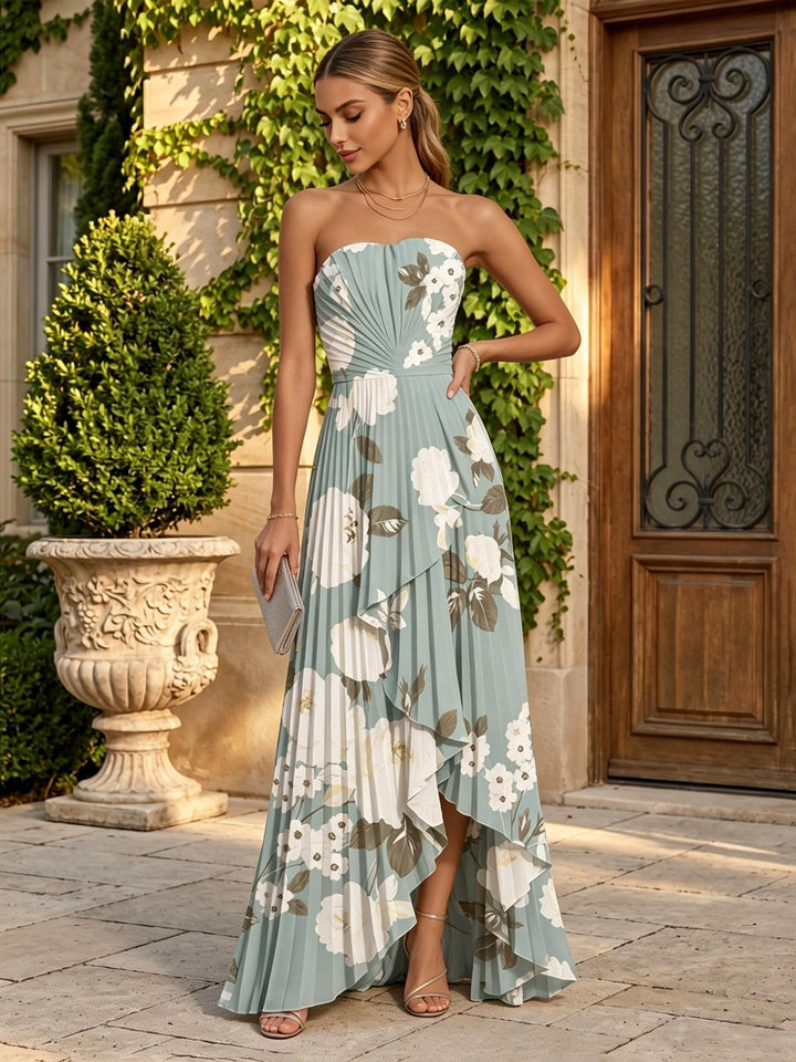 Chiffon A Line Strapless Pleats Ruffles Formal Dresses