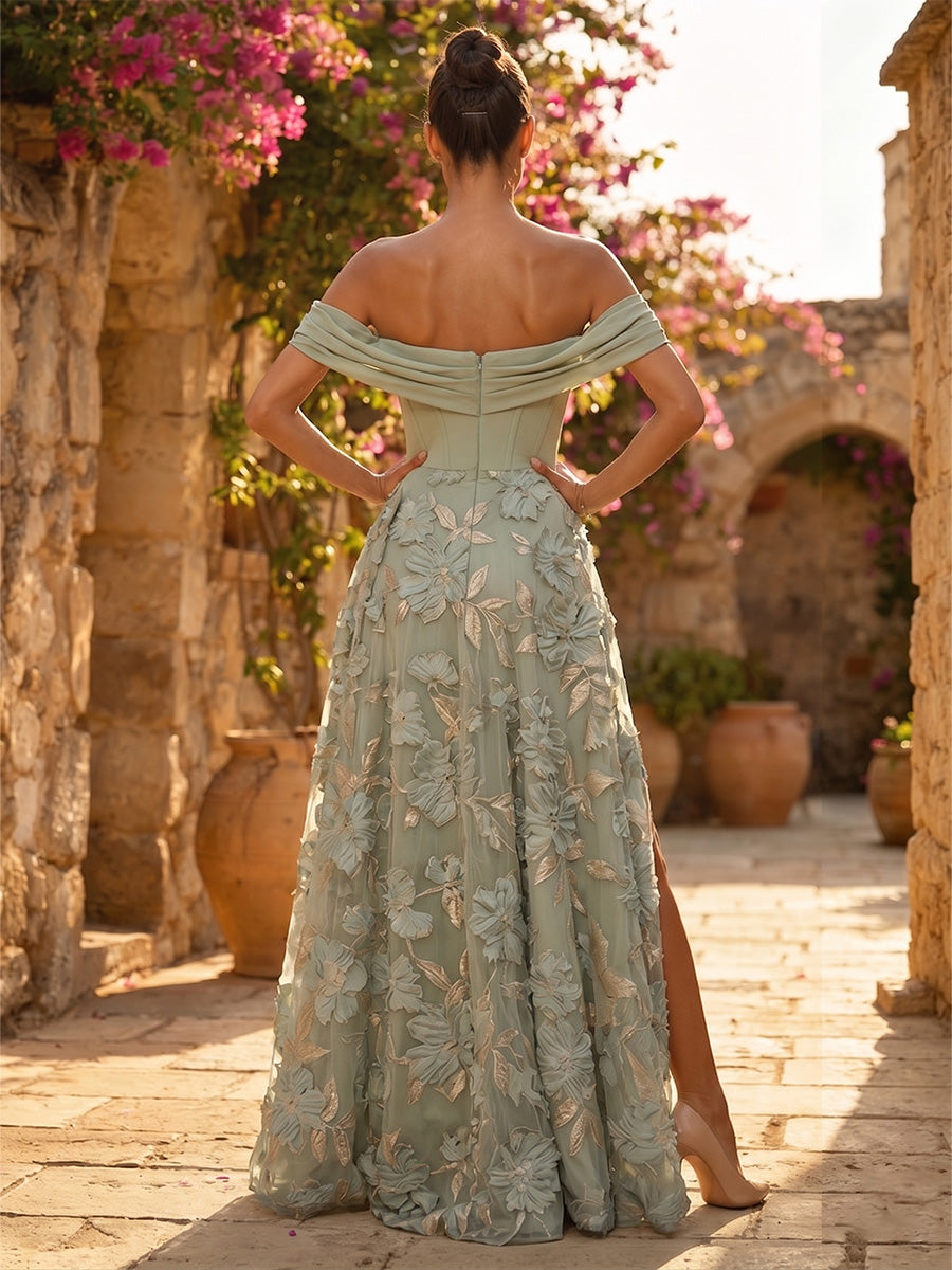Tulle A Line Off the Shoulder Pleats Corset Evening Dresses