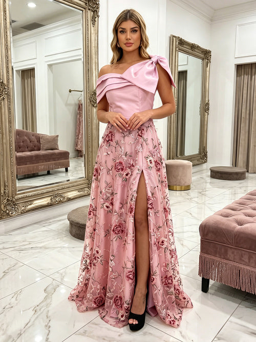 Satin A Line One Shoulder Pleats Slit Evening Dresses