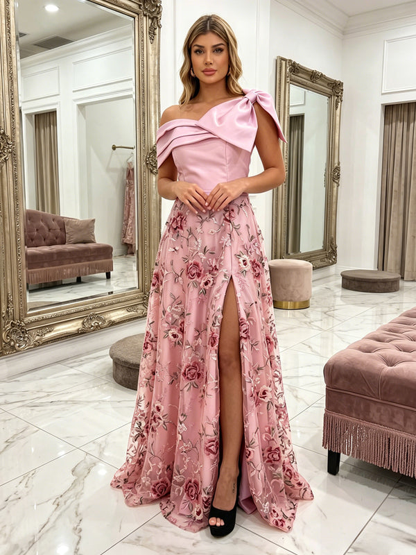 Satin A Line One Shoulder Pleats Slit Evening Dresses