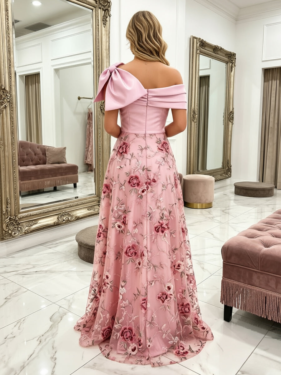 Satin A Line One Shoulder Pleats Slit Evening Dresses