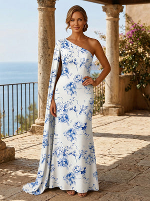 Floral A Line One Shoulder Ruffles Evening Dresses