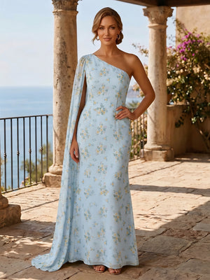 Floral A Line One Shoulder Ruffles Evening Dresses