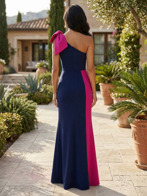 Stretch Mesh Mermaid One Shoulder Bow Slit Formal Dresses