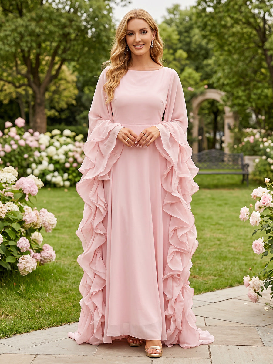 Chiffon A Line Scoop Neck Ruffles Layered Formal Dresses