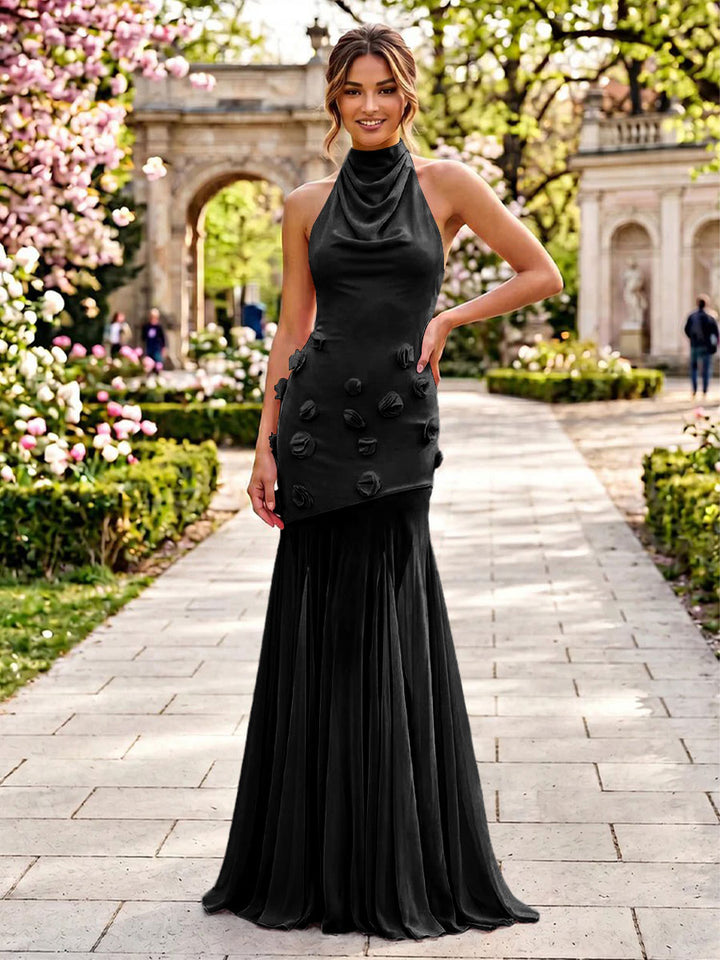 Stretch Mesh Mermaid Scoop Neck 3D Flowers Pleats Formal Dresses