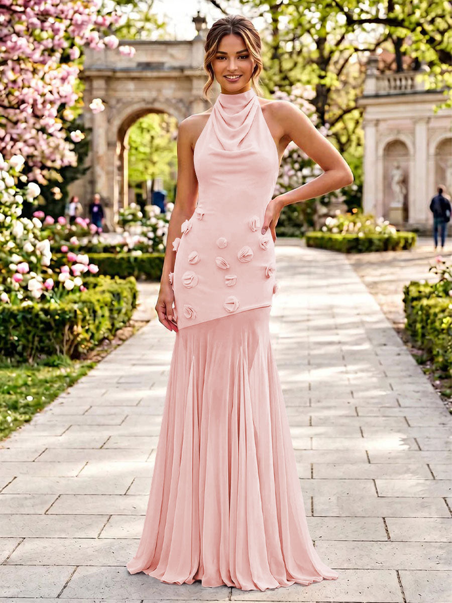 Stretch Mesh Mermaid Scoop Neck 3D Flowers Pleats Formal Dresses