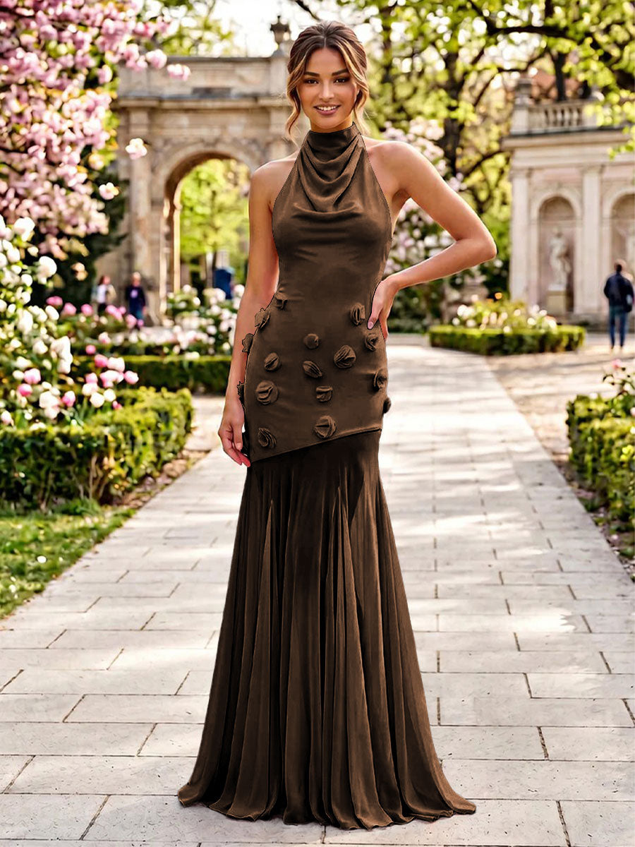 Stretch Mesh Mermaid Scoop Neck 3D Flowers Pleats Formal Dresses