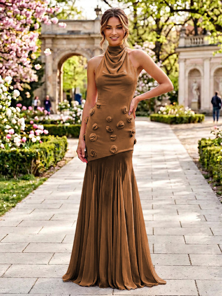 Stretch Mesh Mermaid Scoop Neck 3D Flowers Pleats Formal Dresses