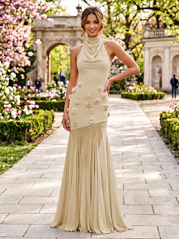 Stretch Mesh Mermaid Scoop Neck 3D Flowers Pleats Formal Dresses