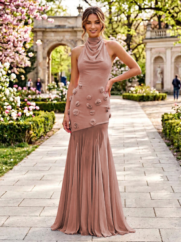 Stretch Mesh Mermaid Scoop Neck 3D Flowers Pleats Formal Dresses