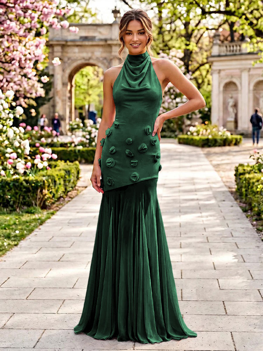 Stretch Mesh Mermaid Scoop Neck 3D Flowers Pleats Formal Dresses