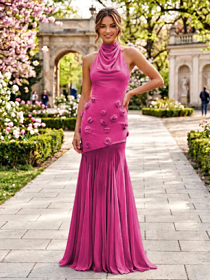 Stretch Mesh Mermaid Scoop Neck 3D Flowers Pleats Formal Dresses