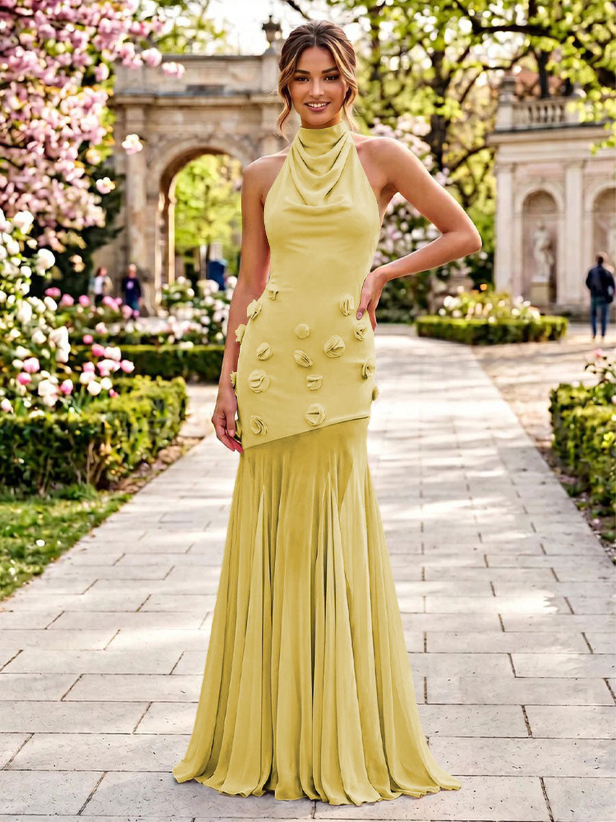 Stretch Mesh Mermaid Scoop Neck 3D Flowers Pleats Formal Dresses