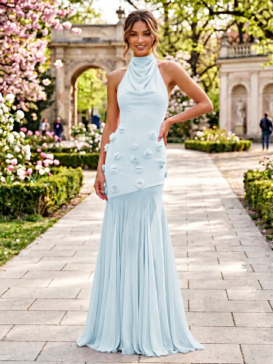 Stretch Mesh Mermaid Scoop Neck 3D Flowers Pleats Formal Dresses