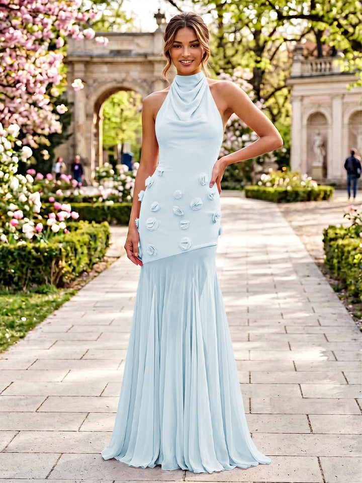 Stretch Mesh Mermaid Scoop Neck 3D Flowers Pleats Formal Dresses