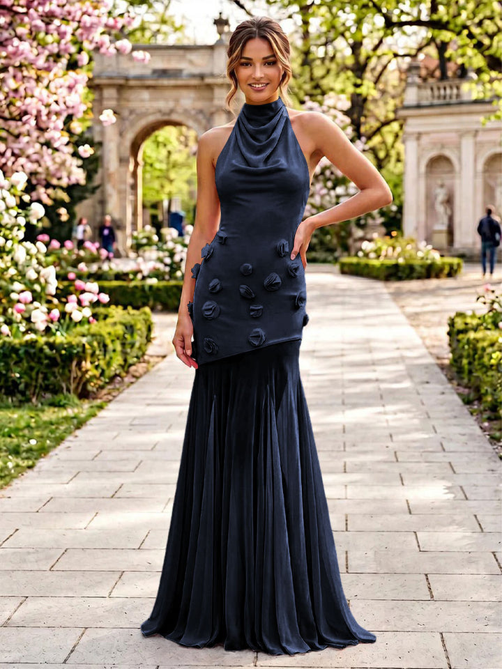 Stretch Mesh Mermaid Scoop Neck 3D Flowers Pleats Formal Dresses