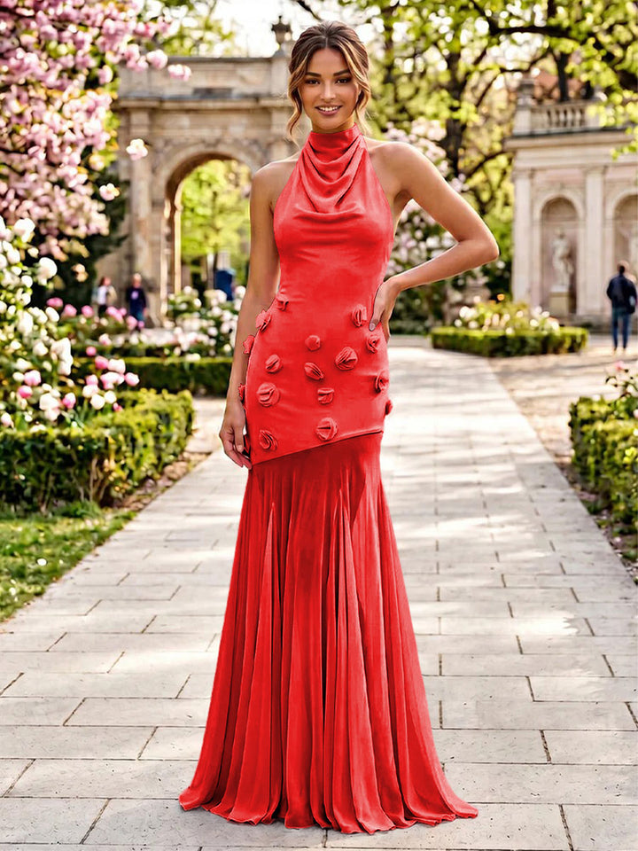 Stretch Mesh Mermaid Scoop Neck 3D Flowers Pleats Formal Dresses