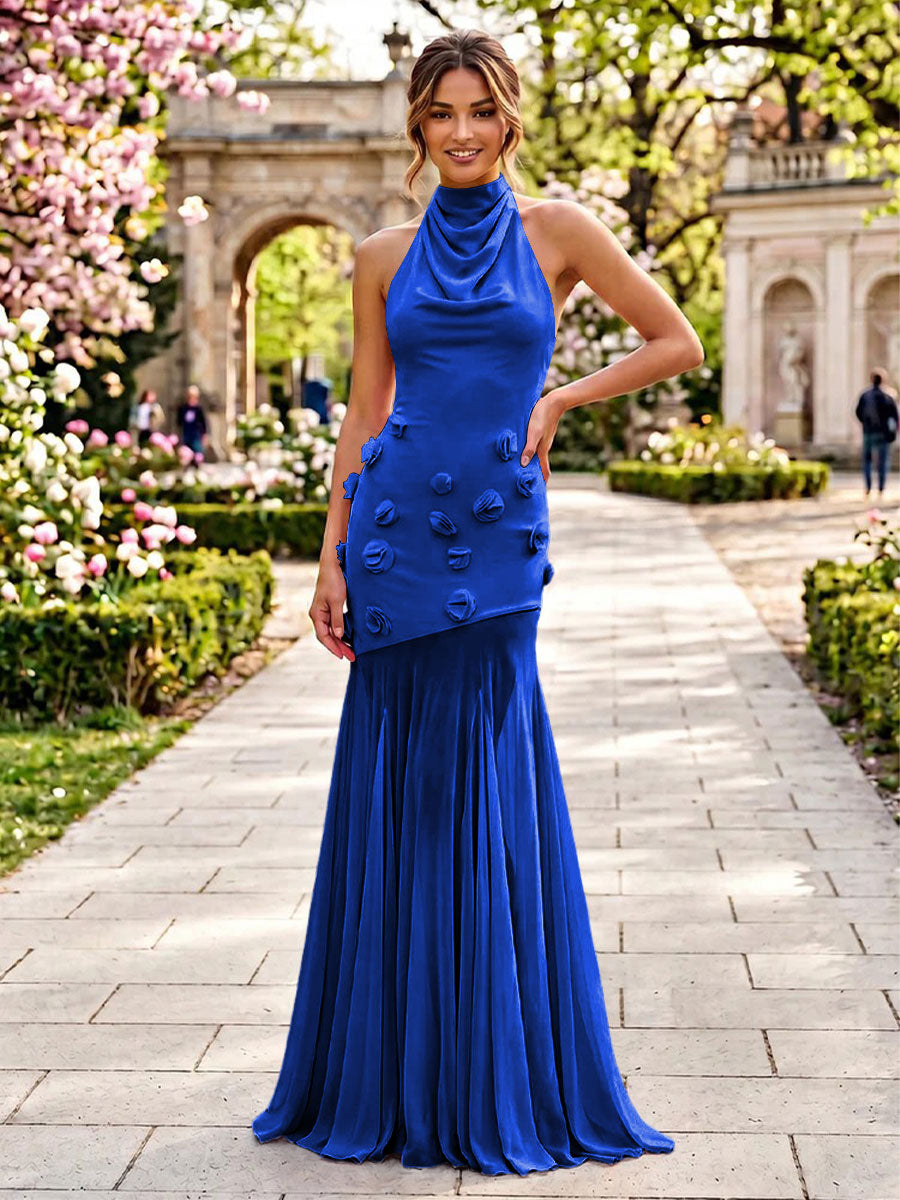 Stretch Mesh Mermaid Scoop Neck 3D Flowers Pleats Formal Dresses