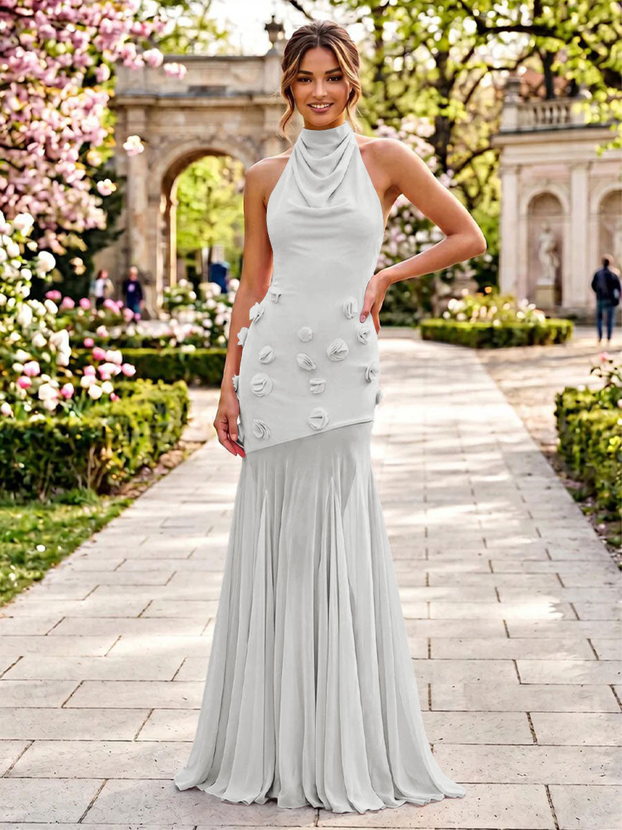 Stretch Mesh Mermaid Scoop Neck 3D Flowers Pleats Formal Dresses