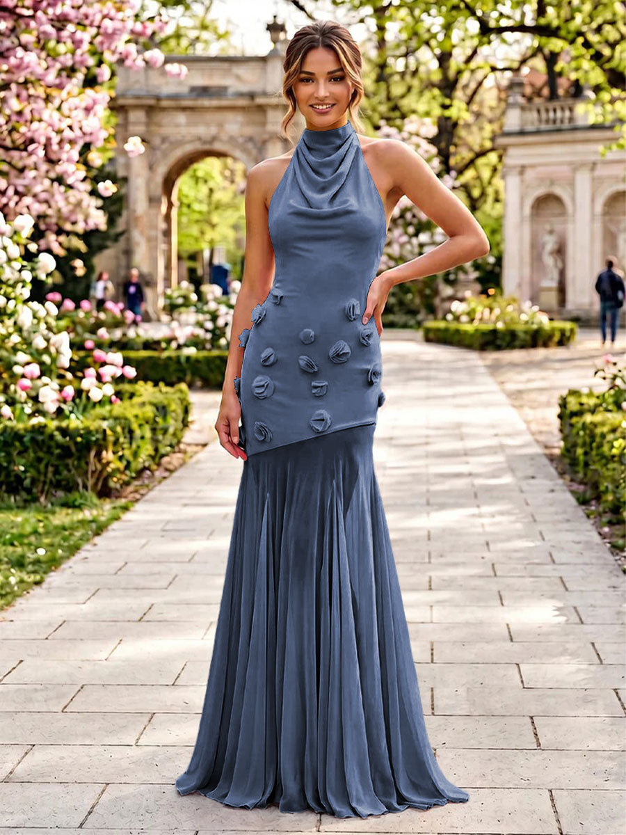 Stretch Mesh Mermaid Scoop Neck 3D Flowers Pleats Formal Dresses