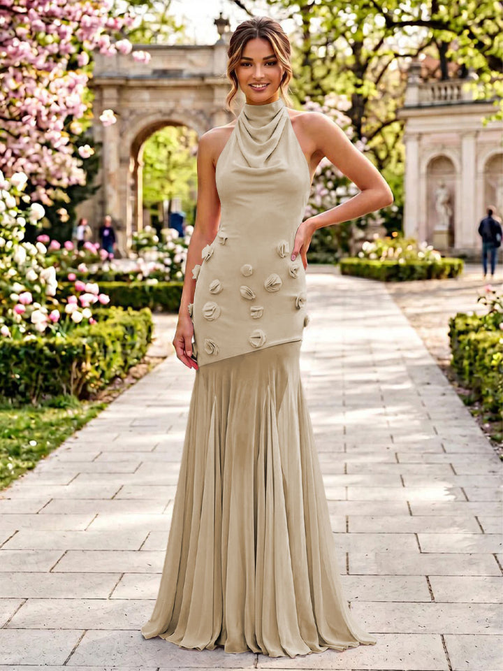 Stretch Mesh Mermaid Scoop Neck 3D Flowers Pleats Formal Dresses