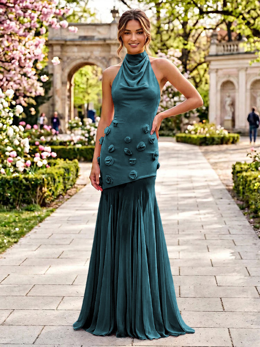 Stretch Mesh Mermaid Scoop Neck 3D Flowers Pleats Formal Dresses