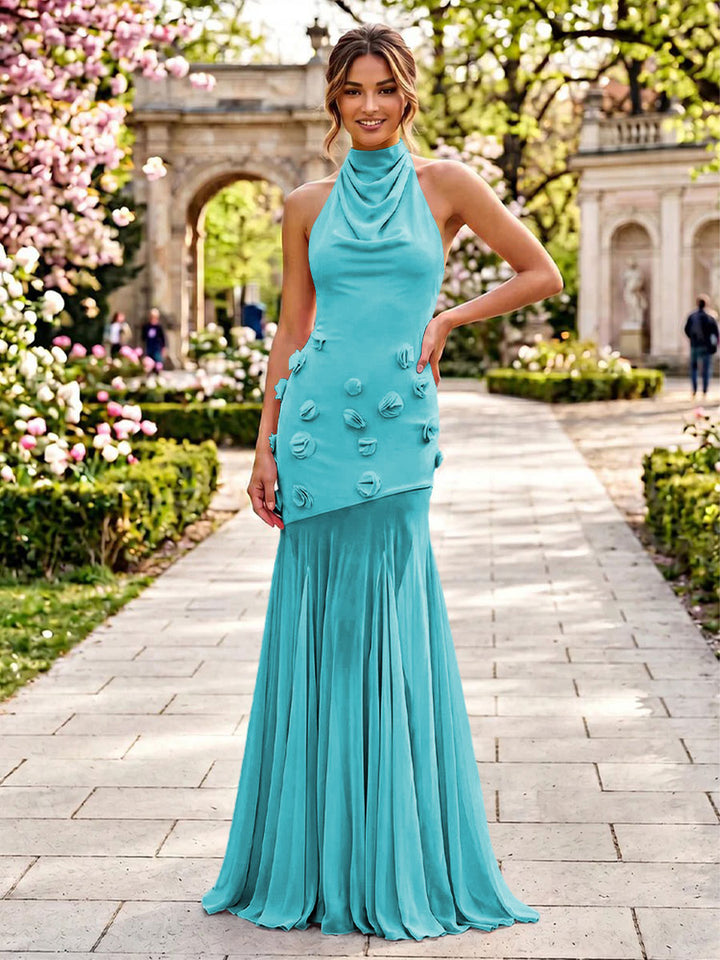 Stretch Mesh Mermaid Scoop Neck 3D Flowers Pleats Formal Dresses