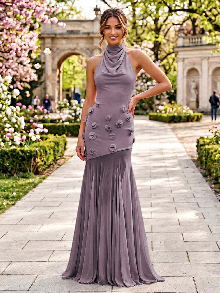 Stretch Mesh Mermaid Scoop Neck 3D Flowers Pleats Formal Dresses