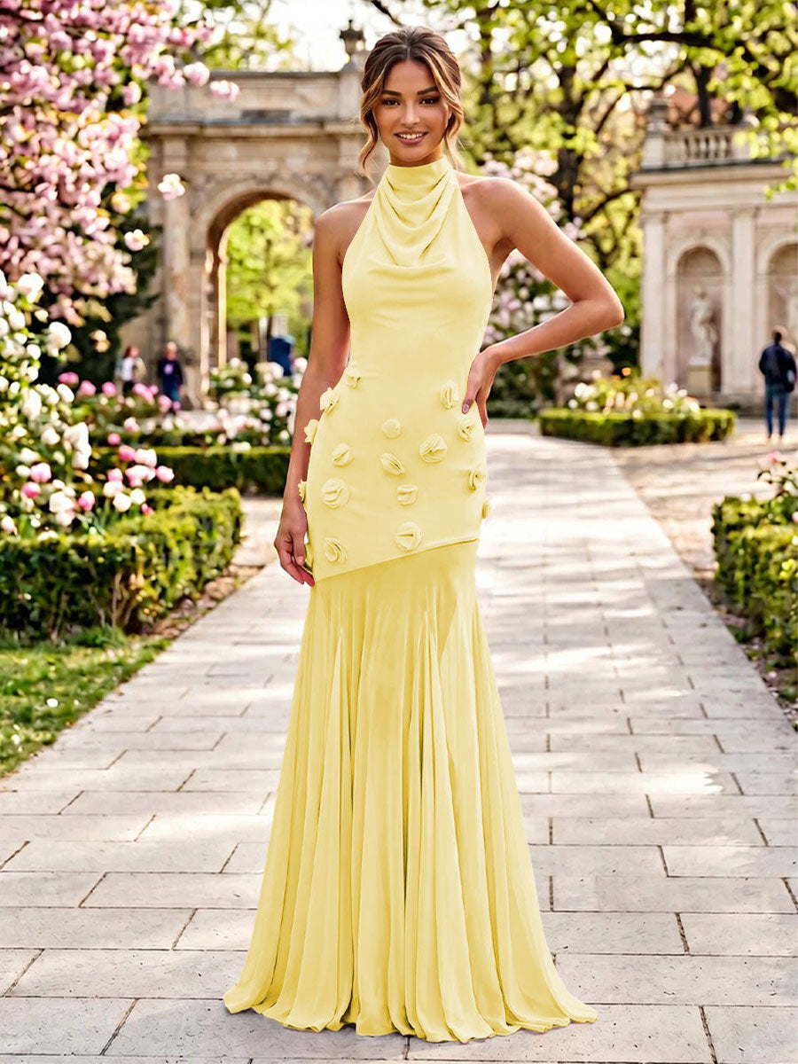 Stretch Mesh Mermaid Scoop Neck 3D Flowers Pleats Formal Dresses