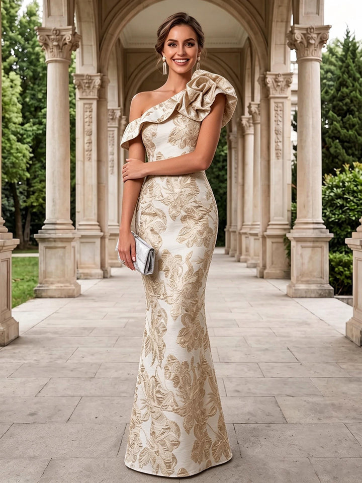 Jacquard Mermaid One Shoulder 3D Flowers Ruffles Evening Dresses