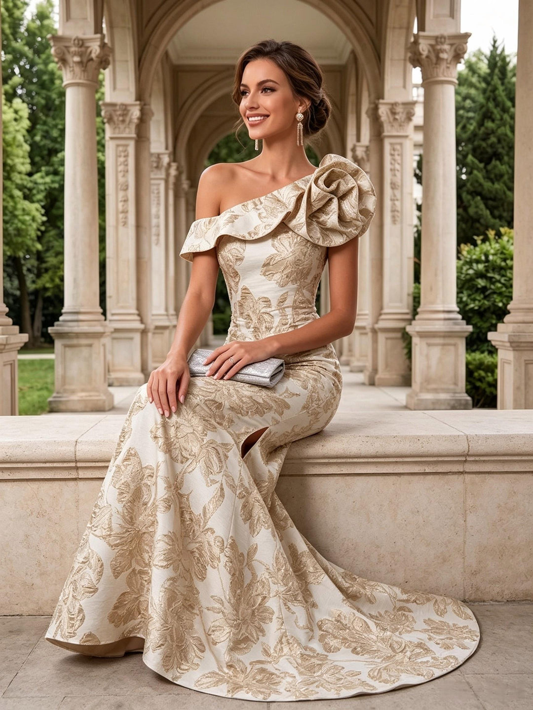 Jacquard Mermaid One Shoulder 3D Flowers Ruffles Evening Dresses