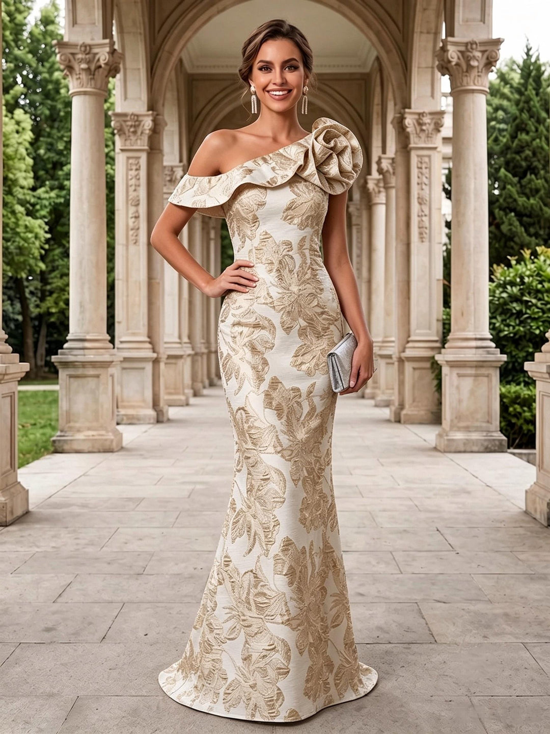 Jacquard Mermaid One Shoulder 3D Flowers Ruffles Evening Dresses