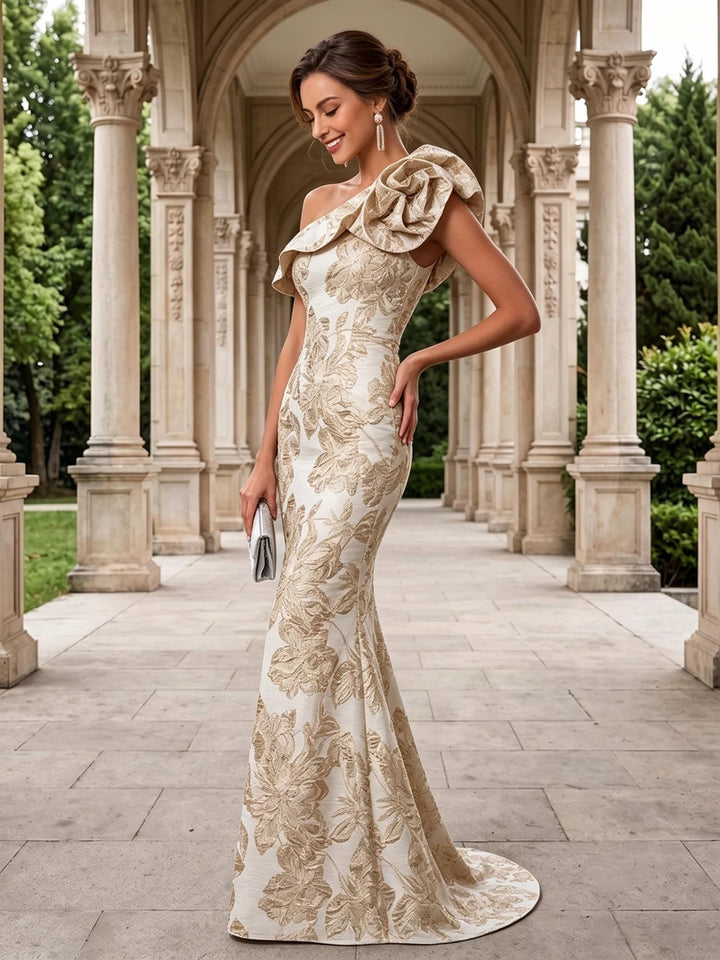 Jacquard Mermaid One Shoulder 3D Flowers Ruffles Evening Dresses