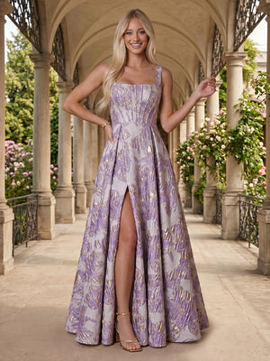 Jacquard A Line Square Neck Pleats Side Slit Evening Dresses