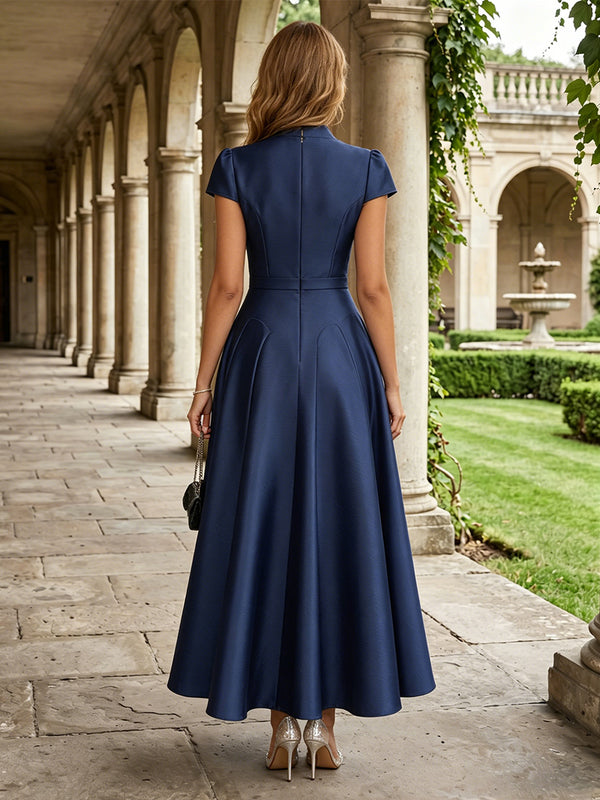Satin A Line V Neck Corset Formal Dresses