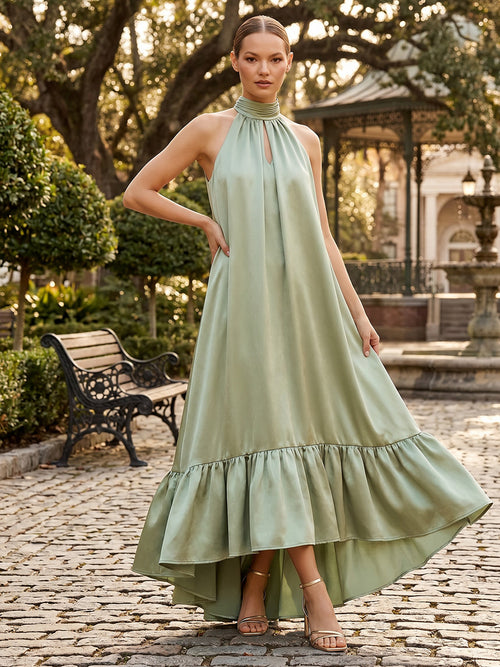 Satin A Line Scoop Neck Ruffles Pleats Formal Dresses