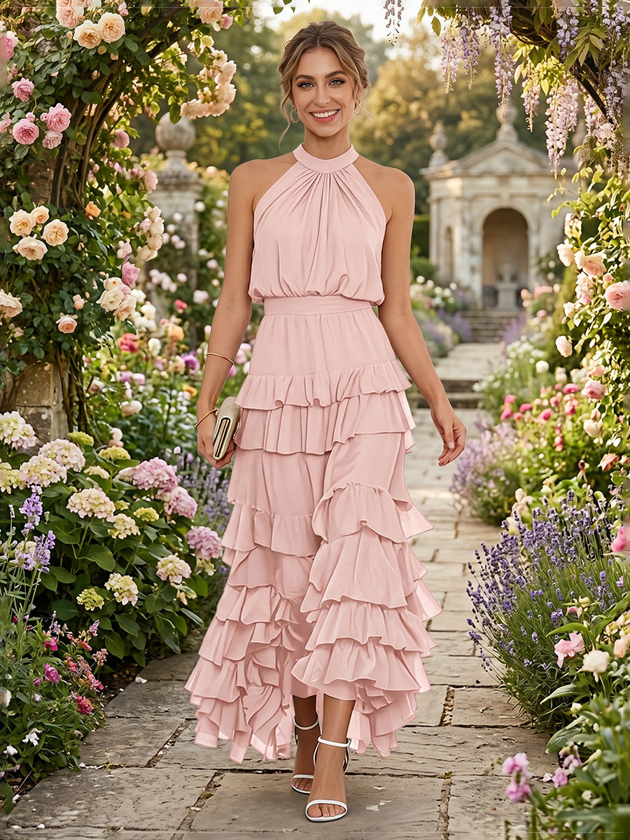 Chiffon A Line Scoop Neck Layered Pleats Formal Dresses