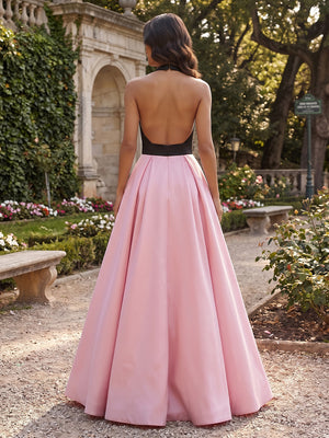 Satin A Line V Neck Pocket Pleats Formal Dresses