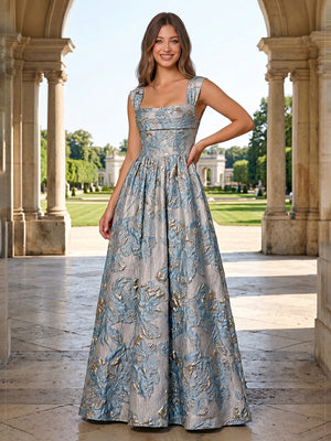 Jacquard A Line Square Neck Pleats Corset Evening Dresses