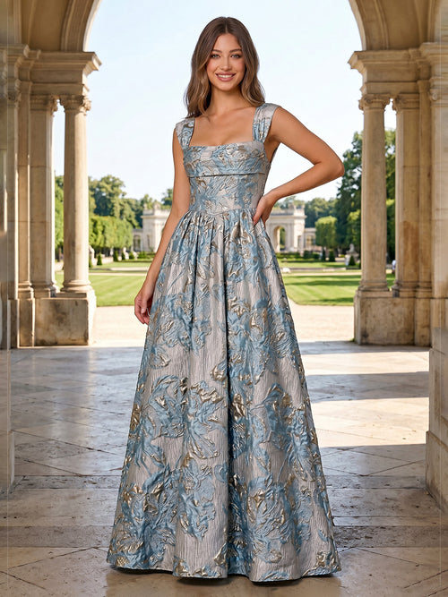 Jacquard A Line Square Neck Pleats Corset Evening Dresses